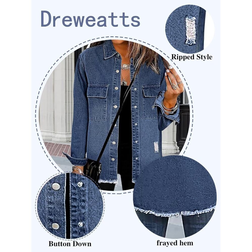 Women’s Oversized Denim Jacket Distressed Ripped Blue Casual Coat - Picture 5 of 5